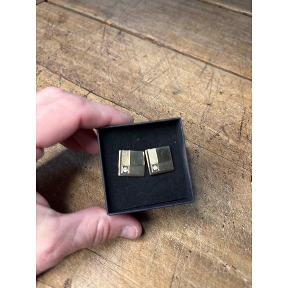 Vintage Gold-Tone Square Cufflinks With Clear Crystal Accents Mens Jewelry - Picture 6 of 7